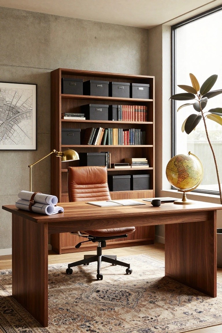 Modern home office interior featuring a large rectangular wooden desk with rolled blueprints on top, tan leather executive chair, tall wooden bookshelves stocked with books and boxes, brass desk lamp, globe on stand, potted plant, and large window with concrete walls.