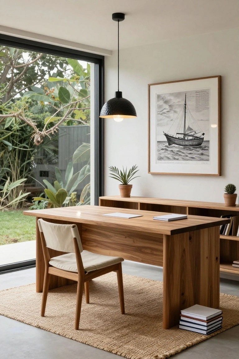 Modern wooden desk with chair, pendant light, and framed boat print.