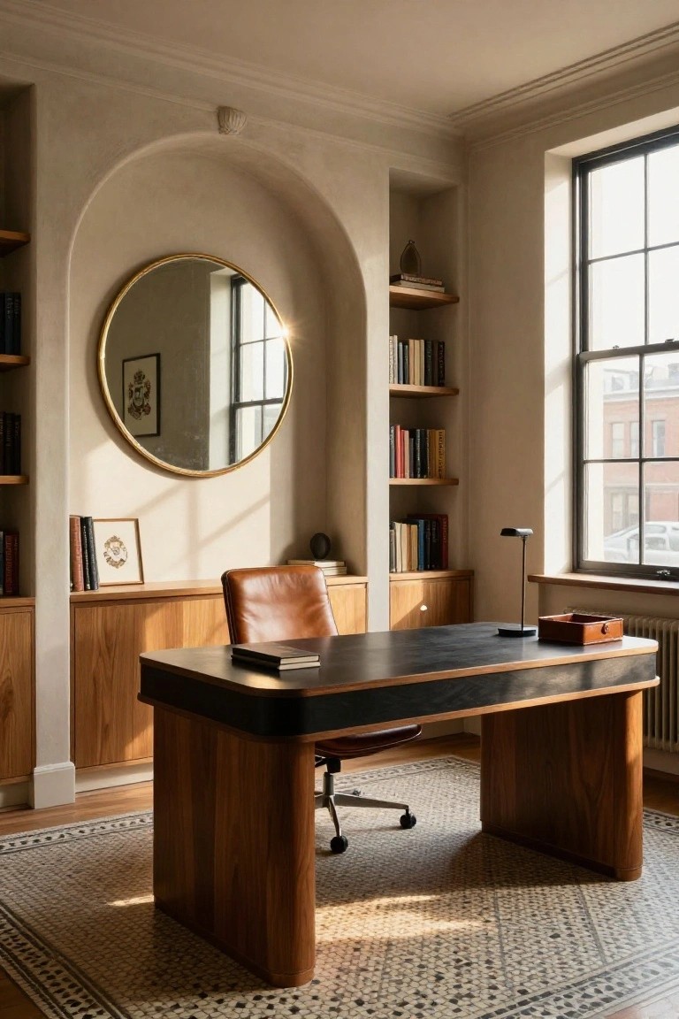 Home office interior with large rectangular wooden desk featuring black top, tan leather swivel chair, wooden cabinets and bookshelves, arched plaster niche containing gold-framed round mirror, desk lamp, and large window.
