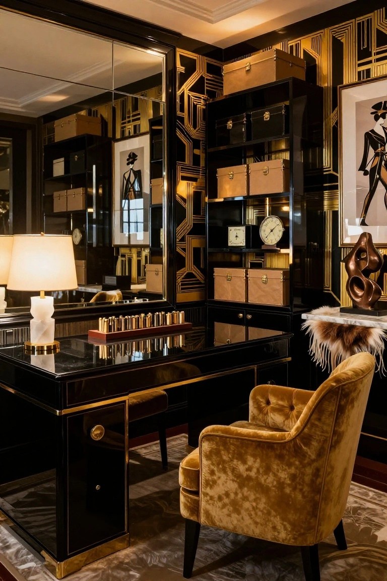 Home office with large black lacquer desk topped by brass pen holder, yellow velvet armchair, geometric gold-patterned black walls, mirrored panels, shelves of leather boxes, lamps, clock, and bronze sculpture.