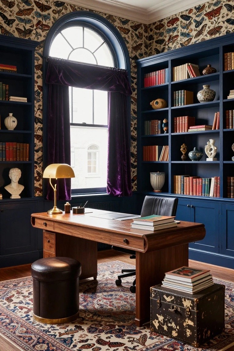 Home office with colorful butterfly-patterned wallpaper on walls, navy blue built-in bookshelves filled with books and decor, wooden desk, purple velvet drapes on arched window, leather chair, pouf stool, and patterned rug.