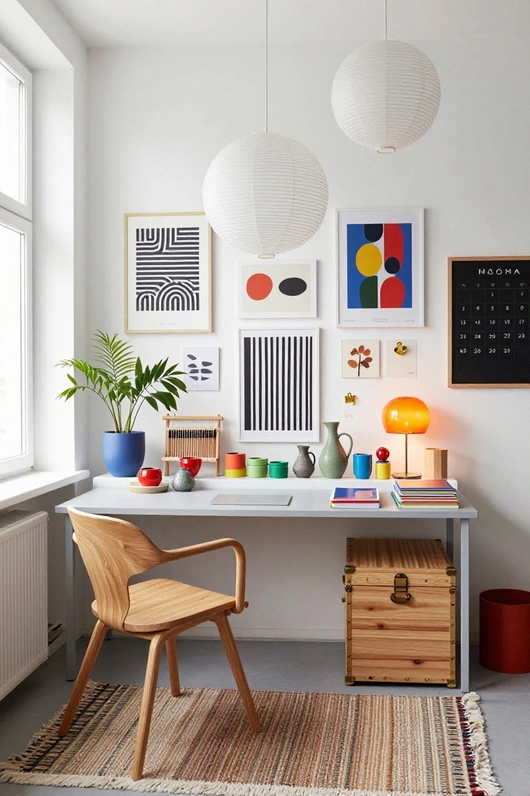 White desk in a light-filled office corner holding colorful ceramic mugs, vases, books, and a small plant in a blue pot, with geometric abstract art on white walls, a wooden chair, potted palm, and hanging paper lanterns above.