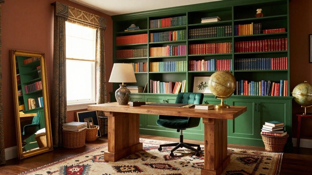 Home office featuring dark green floor-to-ceiling bookshelves filled with assorted books, art frames, lamps, and objects flanking a wooden desk with green velvet chair on a patterned rug.
