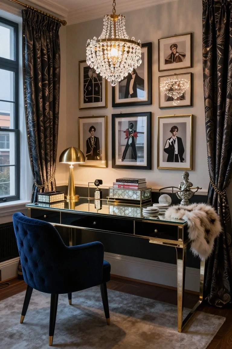 Elegant black-and-gold desk with blue velvet chair, framed portraits, and crystal chandelier.