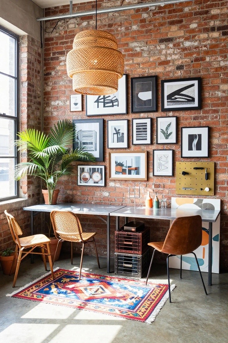 Exposed brick home office nook featuring a gallery wall of assorted black and white framed abstract art, potted palm plant, rattan pendant light, metal desk with wicker and leather chairs, colorful patterned rug on concrete floor.