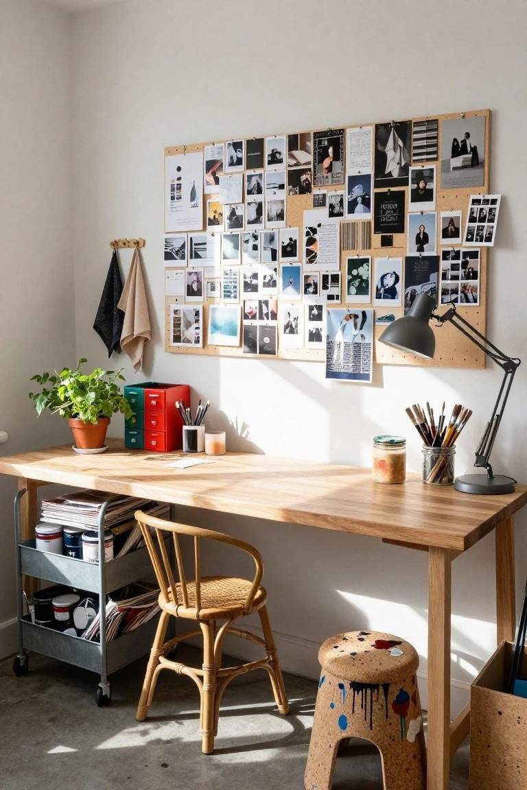 Home office interior with a large corkboard wall covered in pinned photos, notes, drawings, and prints, wooden desk holding art supplies and a plant, rattan chair, metal cart with paint cans, and adjustable desk lamp.