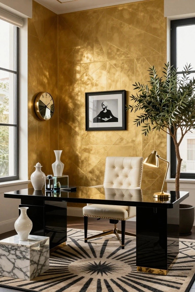 A modern office corner with gold metallic geometric wall panels, black lacquered desk topped with white vases, cream tufted chair with brass accents, gold wall clock, black-framed portrait, potted olive tree, and marble side table on a black and white starburst rug.