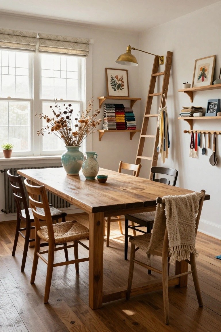 A white-walled dining room featuring a wooden table with chairs, blue and cream vases and dried flowers on the table, and a tall wooden ladder shelf holding stacked colorful fabrics, books, plants, and art against the wall near large windows with blinds.