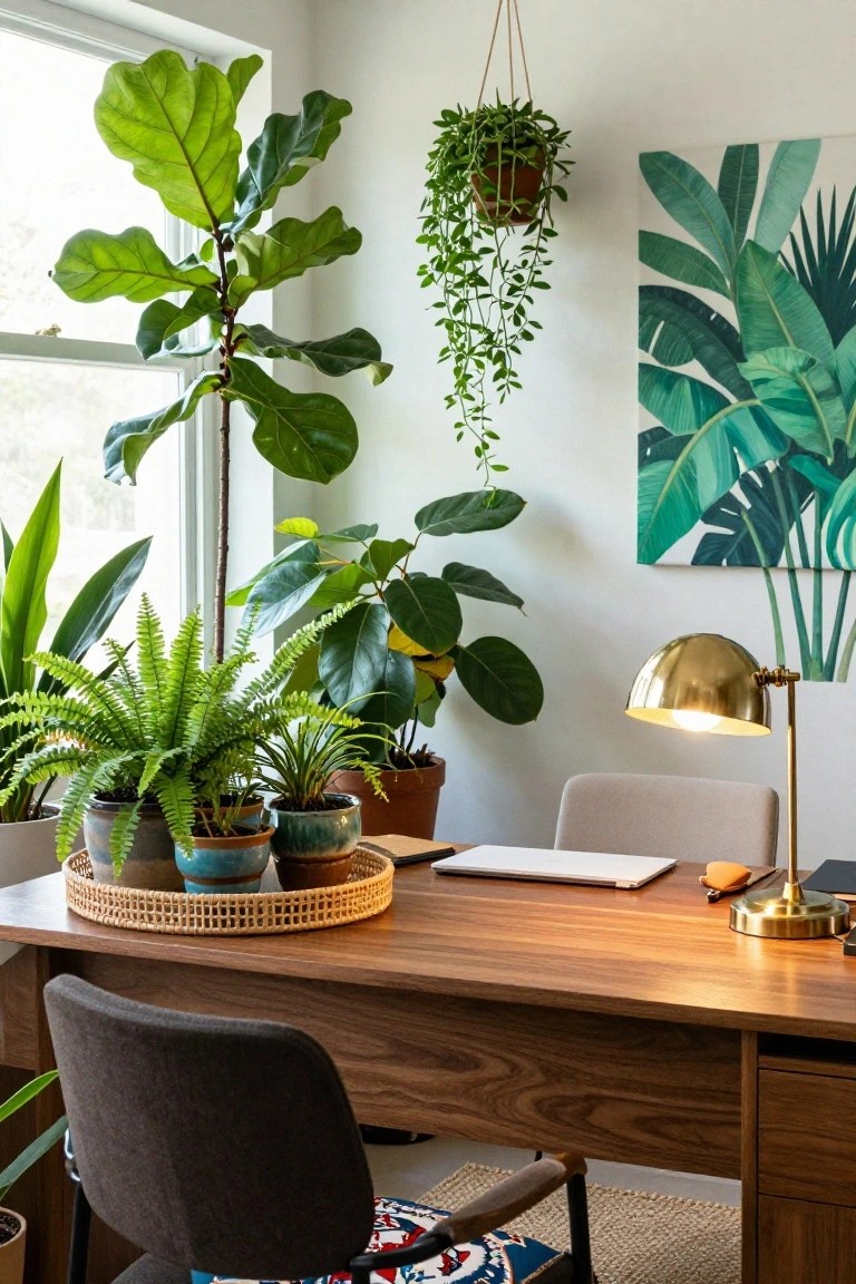 Home office desk with wooden surface, rattan tray holding three potted ferns, surrounded by large fiddle leaf fig plant, hanging trailing plant, other potted greenery, gray office chair, gold lamp, and green leaf wall art.