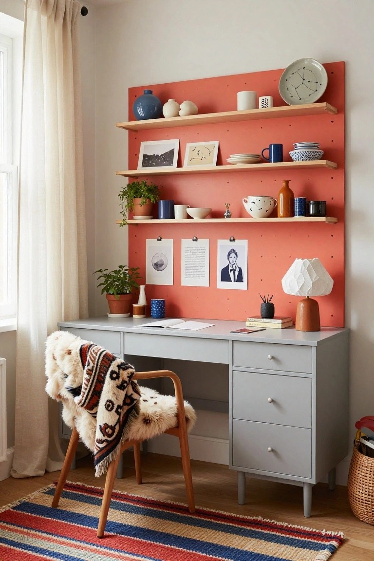 Home office with light gray desk, sheepskin-covered swivel chair on wood legs, orange pegboard wall with wooden shelves holding pottery, plants, mugs, bowls, frames, and photos, plus desk lamp and potted plants nearby.