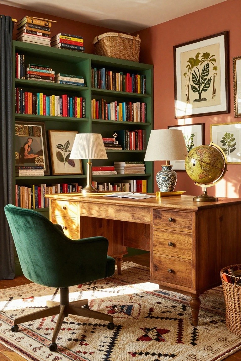 Home office featuring dark green floor-to-ceiling bookshelves filled with assorted books, art frames, lamps, and objects flanking a wooden desk with green velvet chair on a patterned rug.