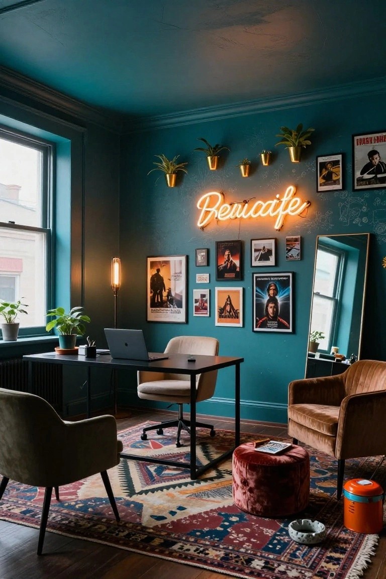 A home office featuring teal walls and ceiling, a black metal desk with laptop, beige office chair, armchairs, neon "Beaucafé" sign, assorted movie posters and photos on walls, potted plants, and a patterned rug on wood floors.