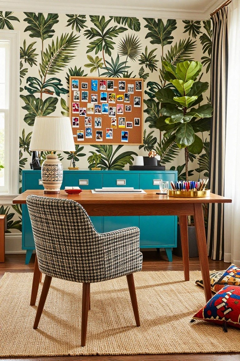 Home office with cream-colored wallpaper printed with large green tropical leaves and palms, wooden desk, checkered armchair, turquoise filing cabinet, corkboard with photos, lamp, and potted plants.