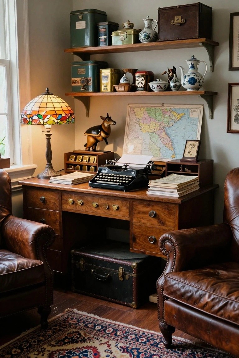 Cozy office nook featuring wooden desk with vintage typewriter, leather armchairs, open shelves stocked with metal tins, porcelain ceramics, animal figurine, and wall map.