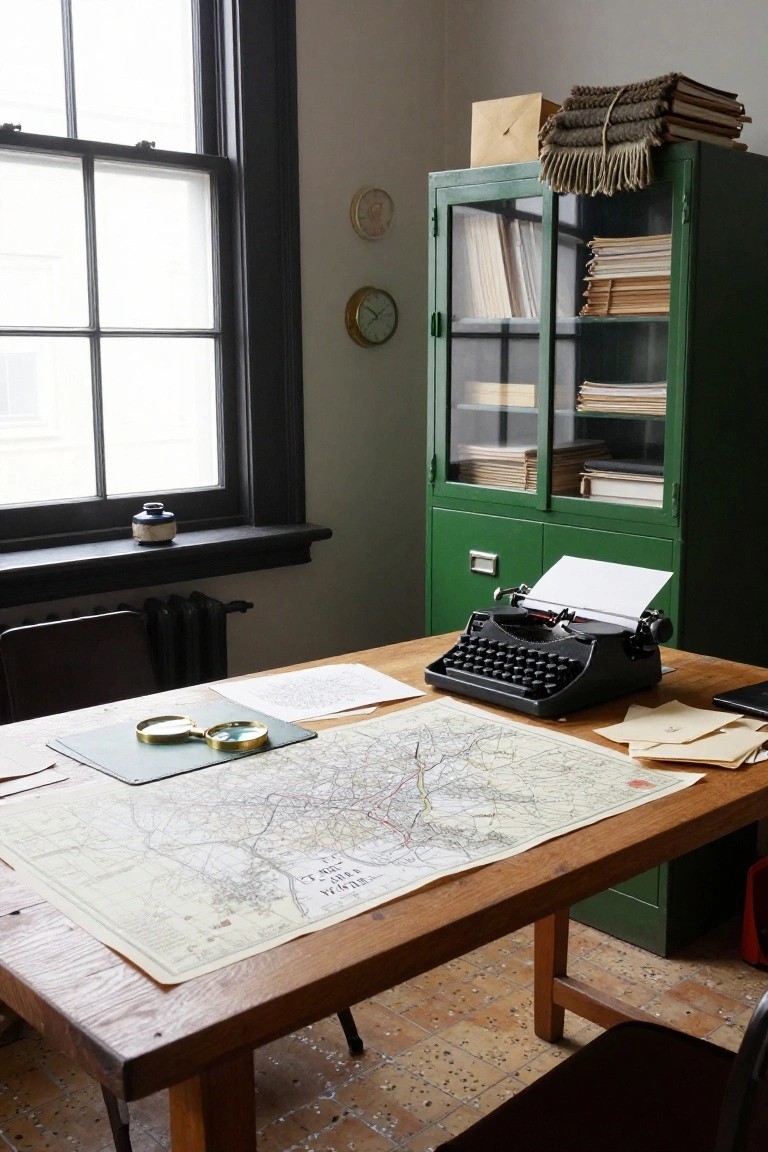 Wooden desk in a vintage office with a large beige map spread across the top, a black typewriter, gold magnifying glasses, loose papers, and a green metal cabinet filled with books and files in the background.