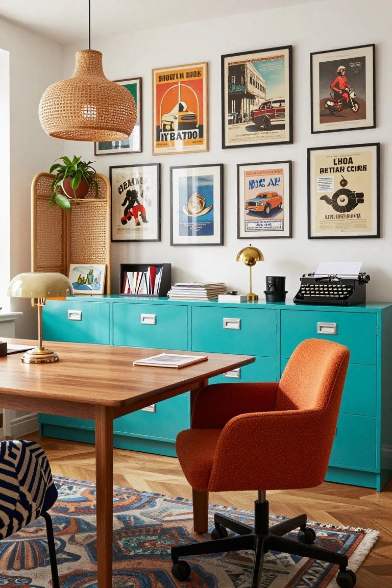 A home office with teal cabinets, wooden desk, orange swivel chair, rattan screen, potted plant, and a wall covered in black-framed vintage posters featuring cars, movies, and bold graphics.
