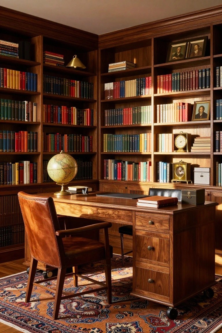 Wood-paneled home office corner with floor-to-ceiling bookshelves filled with colorful books, wooden desk, leather chair, globe, and brass clock on shelves.