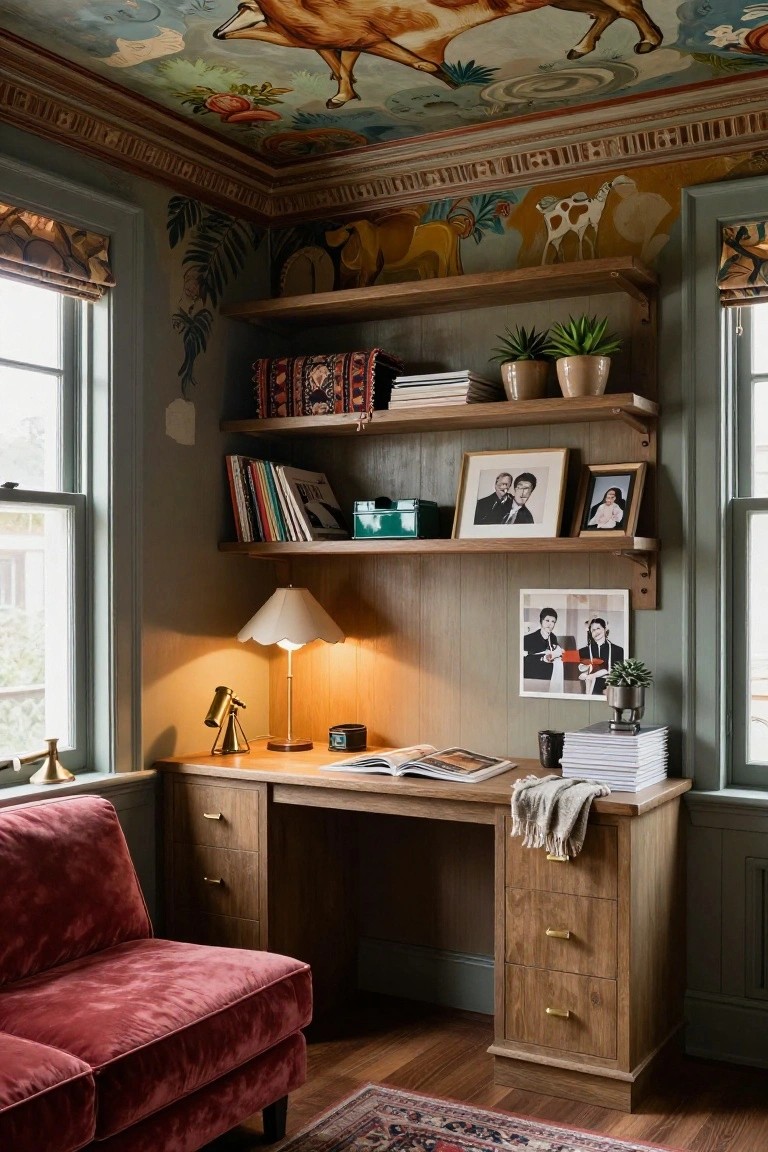 Home office corner featuring wooden built-in shelves with books, plants, and photos, a wooden desk with brass lamps and open books, red velvet armchair, teal walls, and colorful painted ceiling mural of animals including a fox and camel.