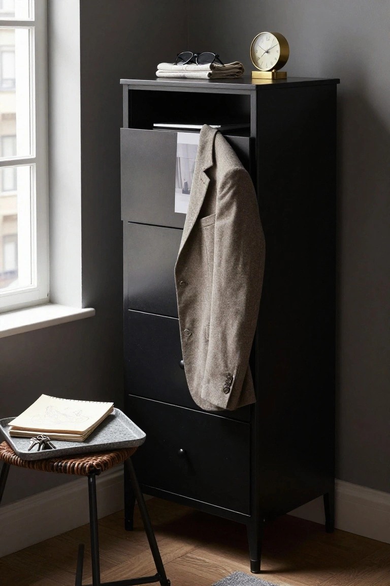 A tall black dresser with multiple drawers stands in a room beside a window, topped with a clock and folded clothes.