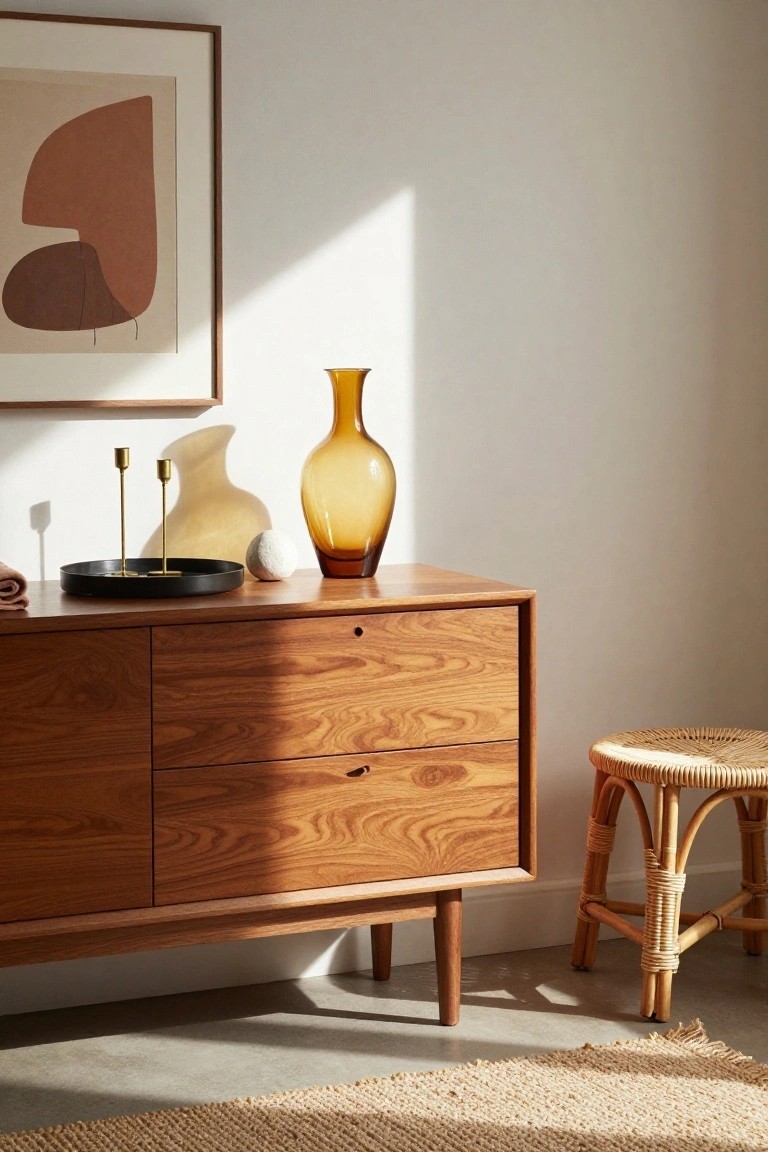 Mid-century wooden dresser with amber vase, rattan stool, and abstract art.