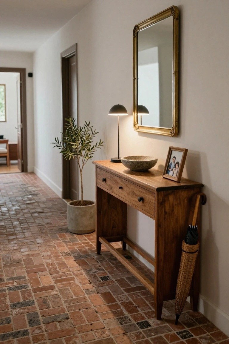 A wooden console table against a white wall holds a lamp, stone bowl, and framed photo beneath a gold mirror in a hallway with a brick floor and potted plant.