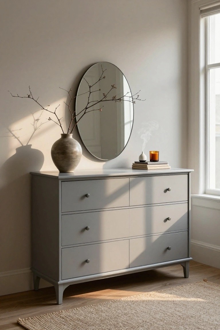 A light gray dresser topped with a ceramic vase holding bare branches, a lit candle, and a short stack of books, with a round mirror hanging above it on a plain wall.