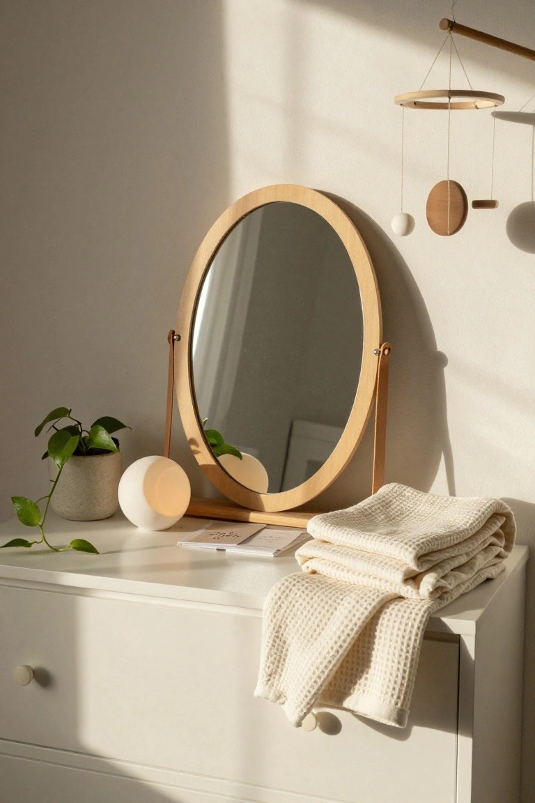 A minimalist white dresser holds a round wooden mirror with leather straps, stacked cream towels, a small potted plant, and a glowing white lamp.