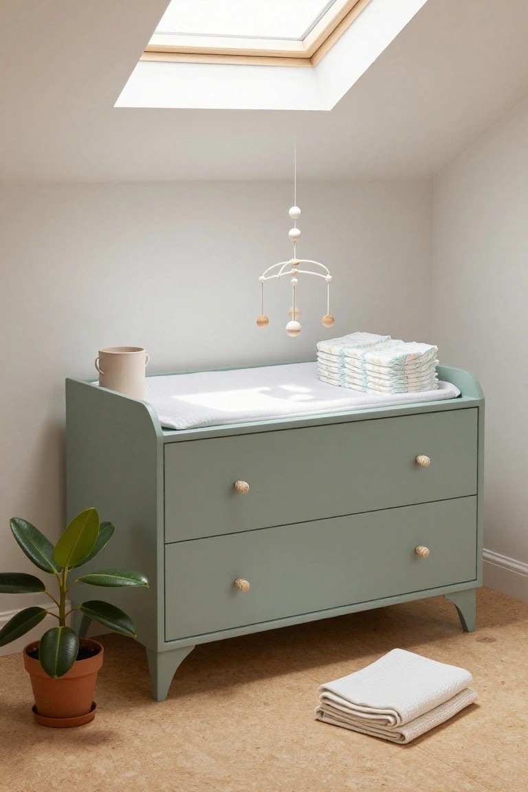 A sage green dresser topped with a white changing pad, a stack of diapers, and a wooden mobile hanging above in a bright room with cork flooring.