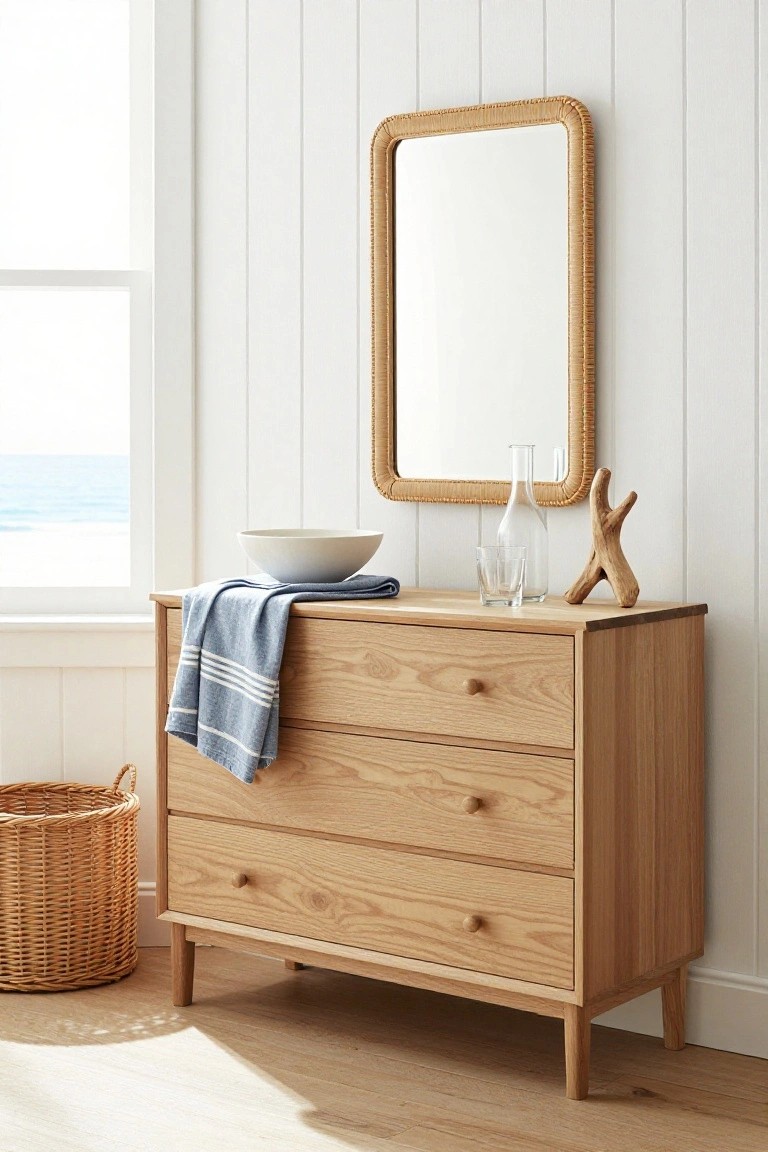 A light wood three-drawer dresser with minimal decor including a white bowl, blue cloth, glassware, and a small driftwood piece, topped by a rattan-framed mirror in a bright room.