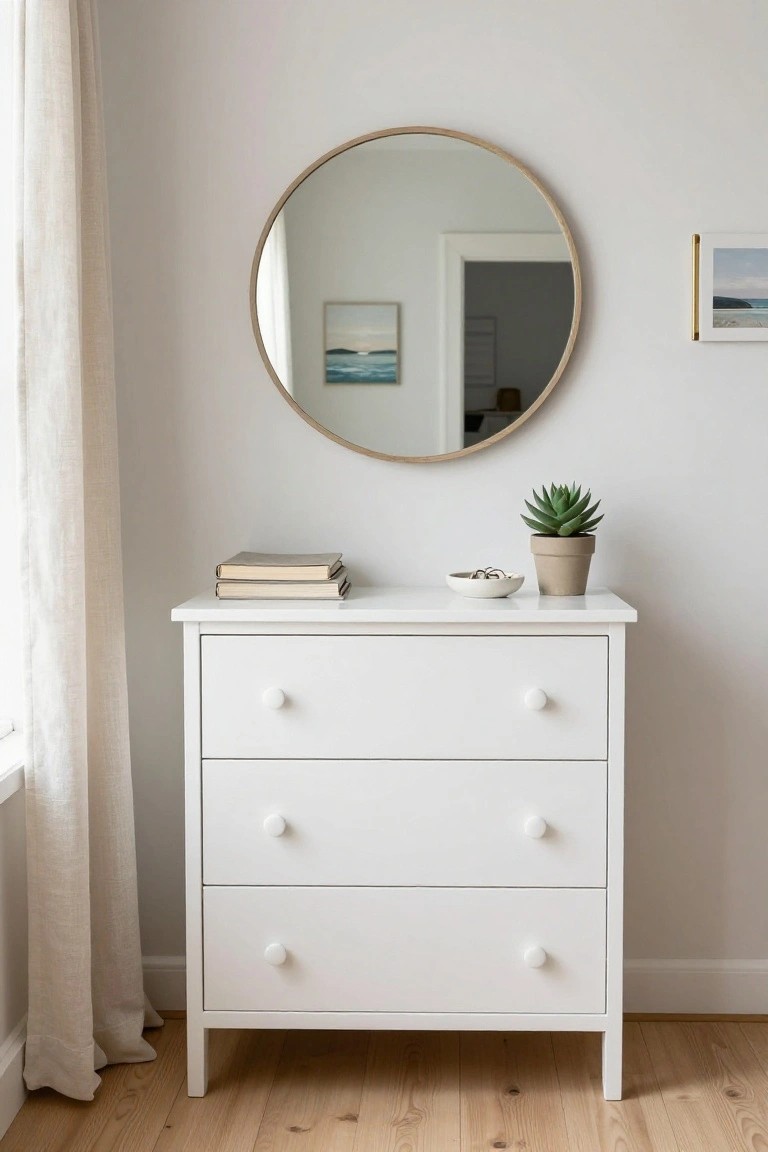 A white three-drawer dresser topped with stacked books, a small bowl, and a potted succulent, with a round mirror above it on the wall.