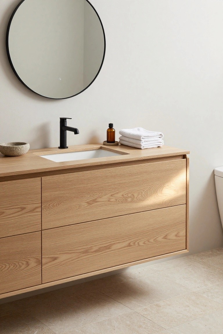 Modern oak bathroom vanity with black faucet, round mirror, and folded towels.