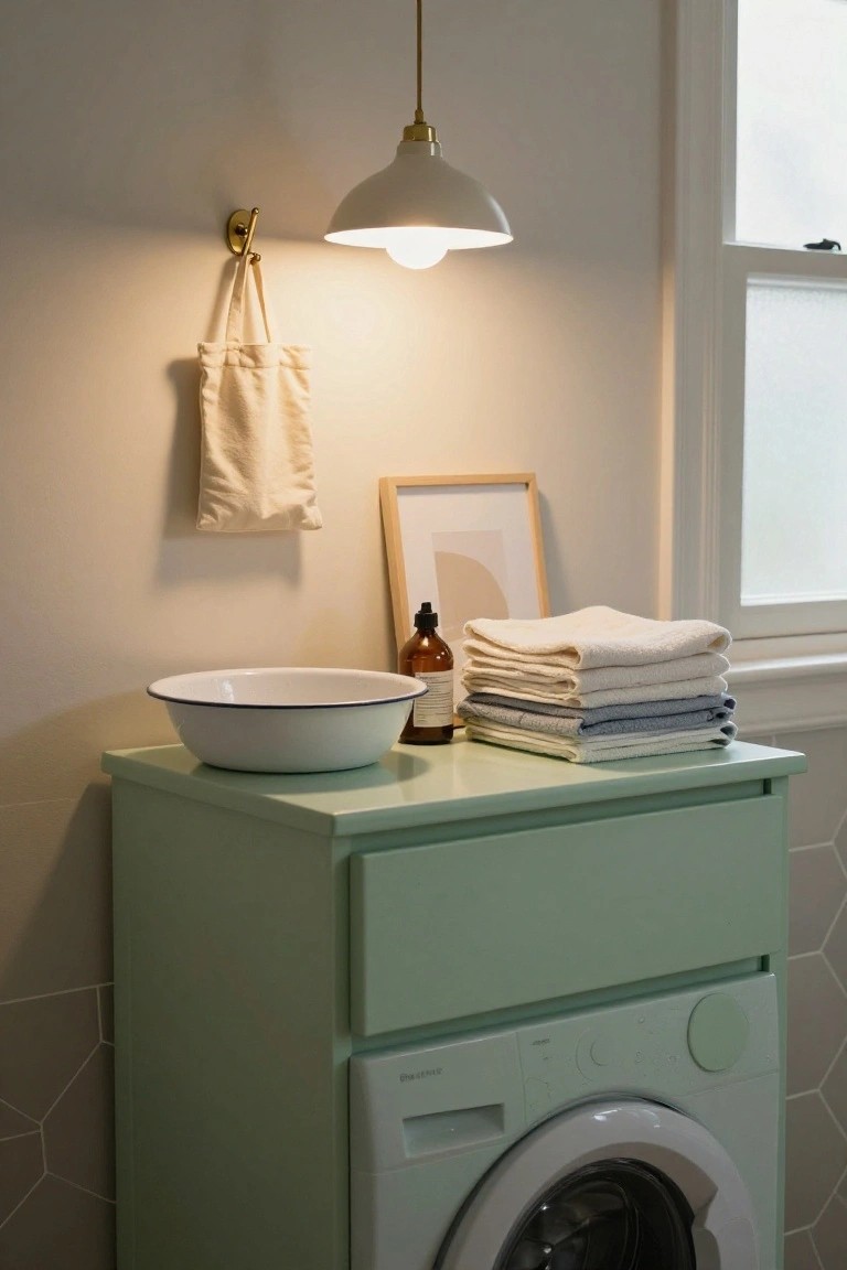 A mint green washing machine topped with a white enamel bowl, a stack of folded towels, a small bottle, and a framed print under a hanging pendant light.