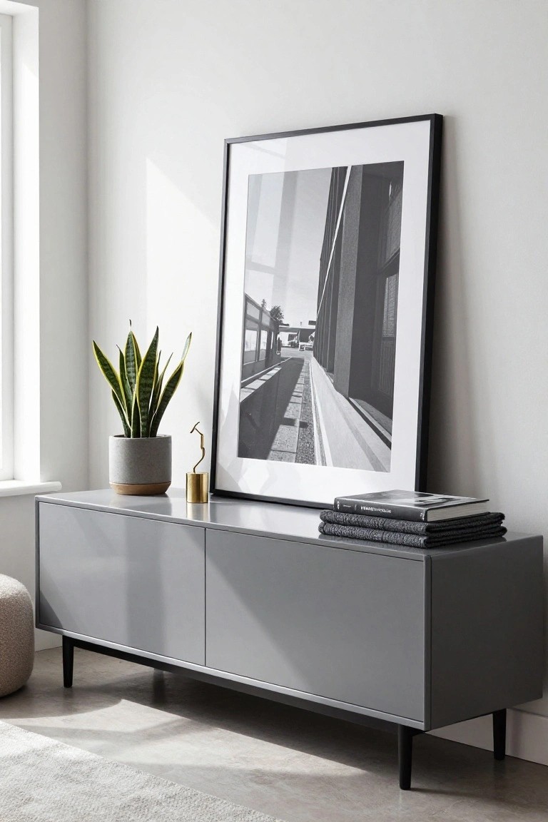 A gray low-profile sideboard with a potted plant, small gold sculpture, and stacked books on top, positioned beneath a large leaning black and white framed photograph.