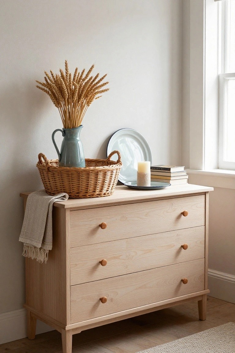 Light wood dresser with woven basket, wheat, books, and candle.