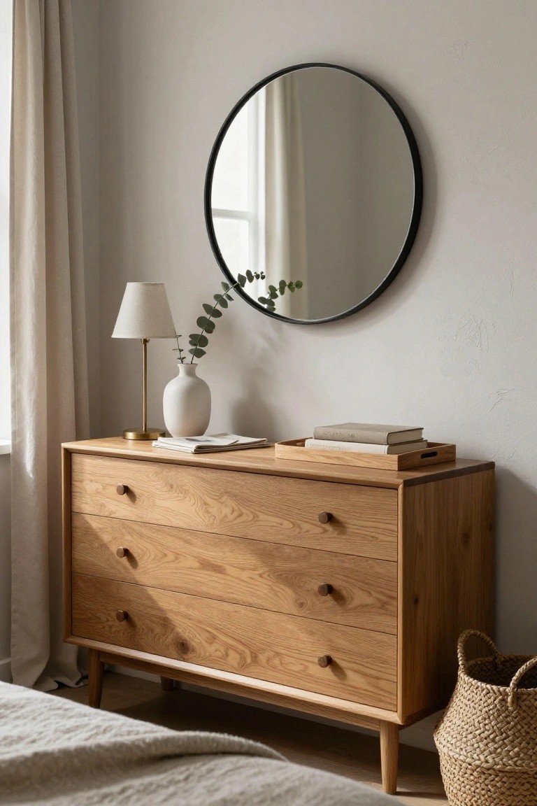 Minimalist wooden dresser with round mirror, lamp, and books.