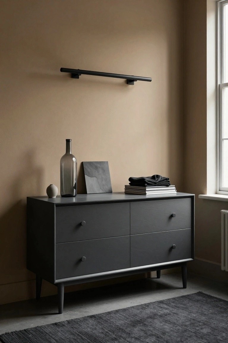 A dark gray four-drawer dresser with a few simple objects on top sits below a black horizontal wall light in a room with neutral walls.