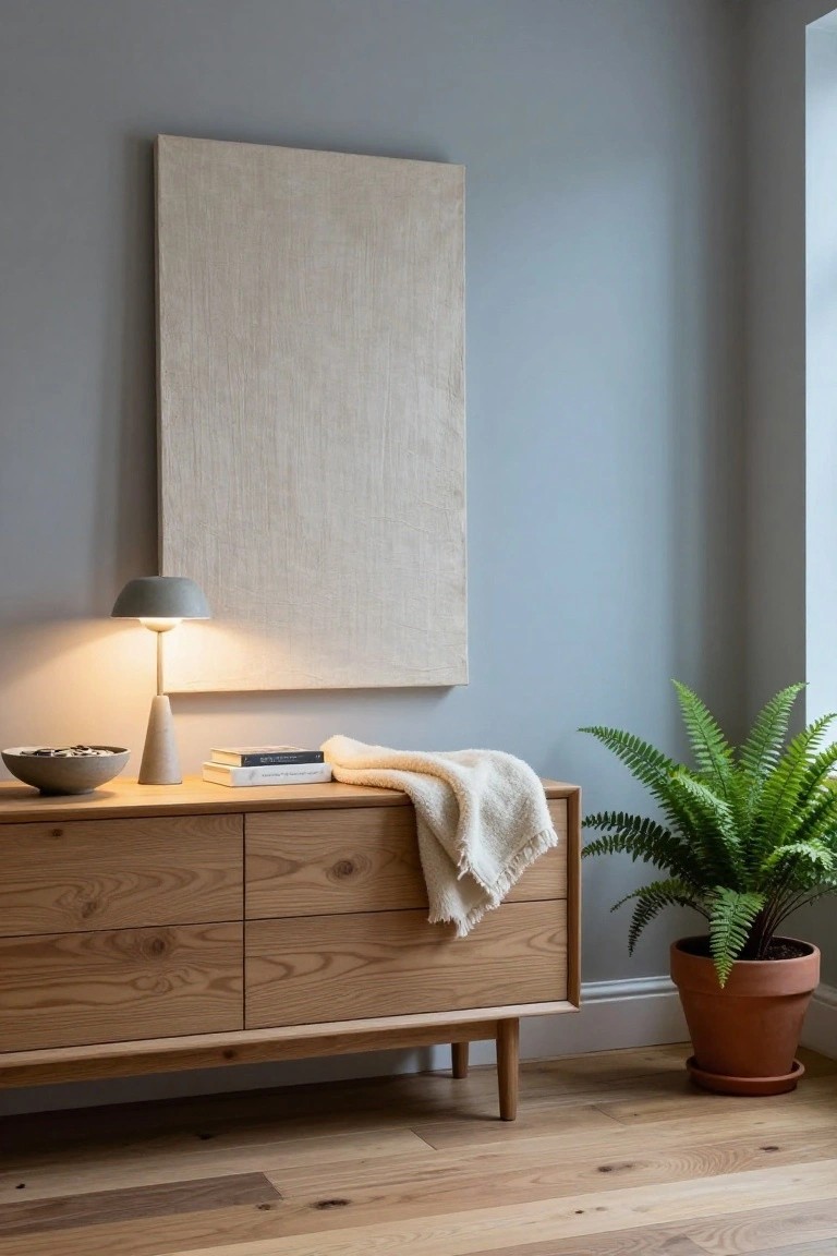 Minimalist wooden dresser with lamp, books, and fern against blue wall.