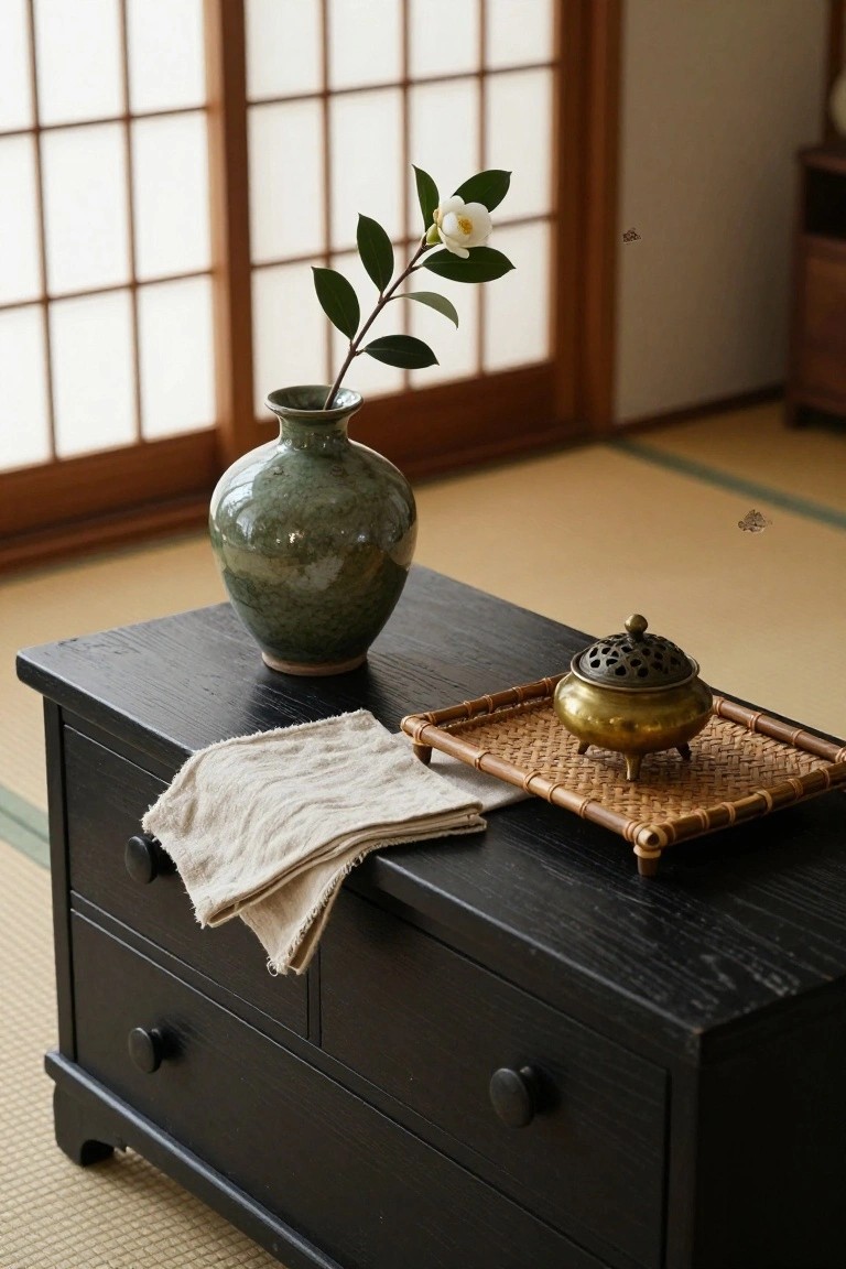 A black wooden dresser holds a green ceramic vase with a single flowering branch, a folded linen cloth draped over one corner, and a small brass censer resting on a bamboo tray.