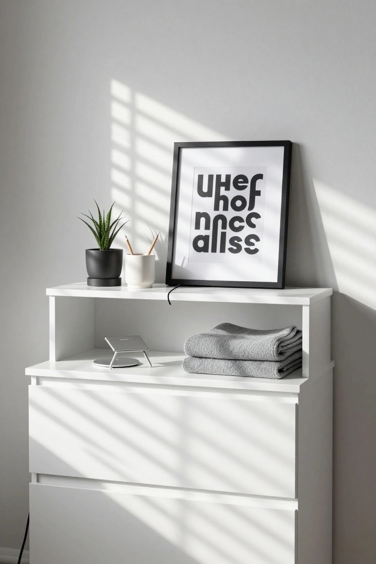 A white dresser with a black-framed abstract print on top, a potted plant, a white cup holding pencils, and folded gray towels on the open shelf below.