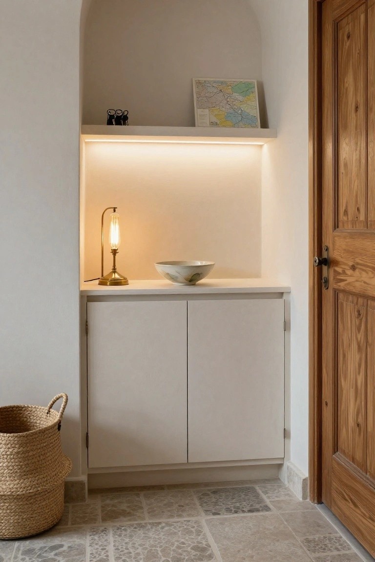 A built-in off-white cabinet with two doors sits in a recessed alcove under a softly lit shelf holding a brass lamp and ceramic bowl, with a woven basket on the tiled floor nearby.