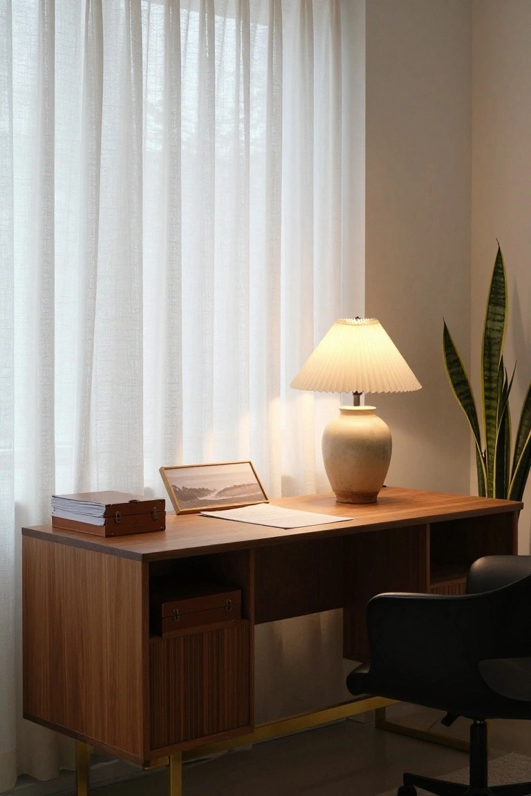 Wooden desk with lamp, papers, and black chair by window.