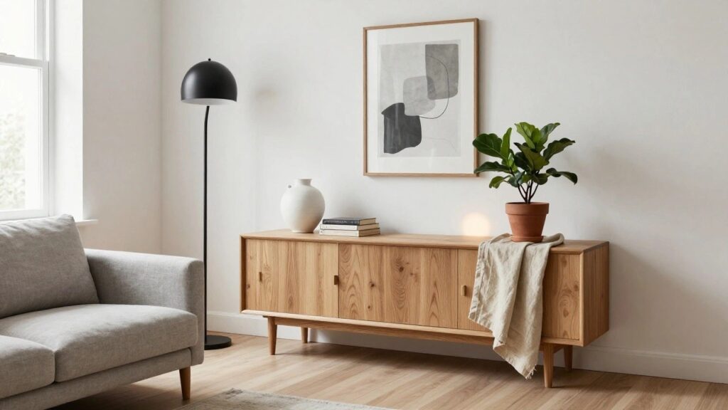 A light wood sideboard with tapered legs sits against a white wall in a living room, topped with a potted plant, a white vase, stacked books, and a large framed abstract print leaning above it.