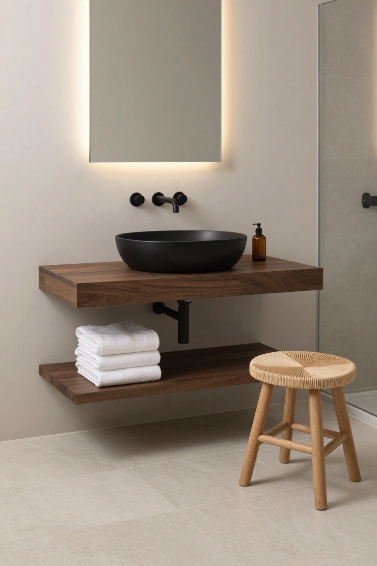 Modern floating wooden vanity with black vessel sink and woven stool.