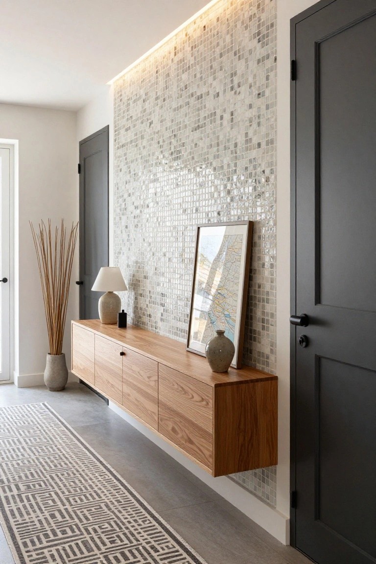 A long floating wooden sideboard mounted low on a wall covered in small mosaic tiles, with a few vases and a framed print resting on top.