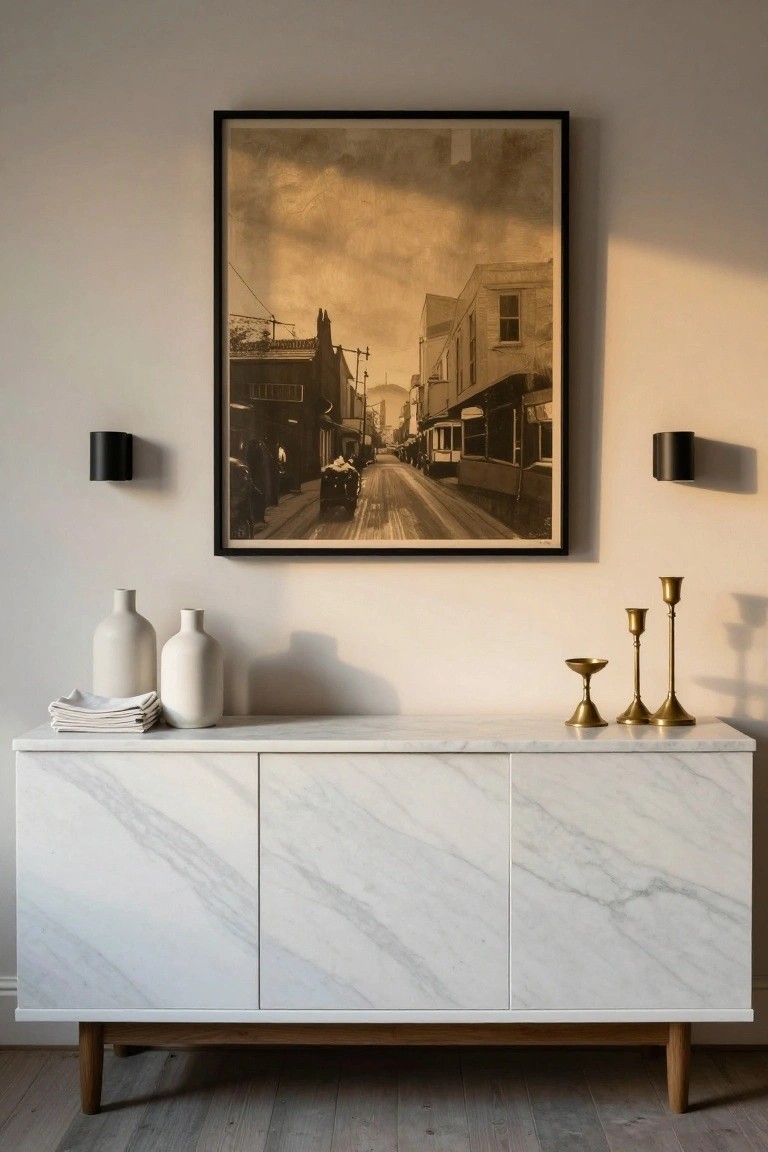 Marble sideboard with vases, candles, and sepia street art above.