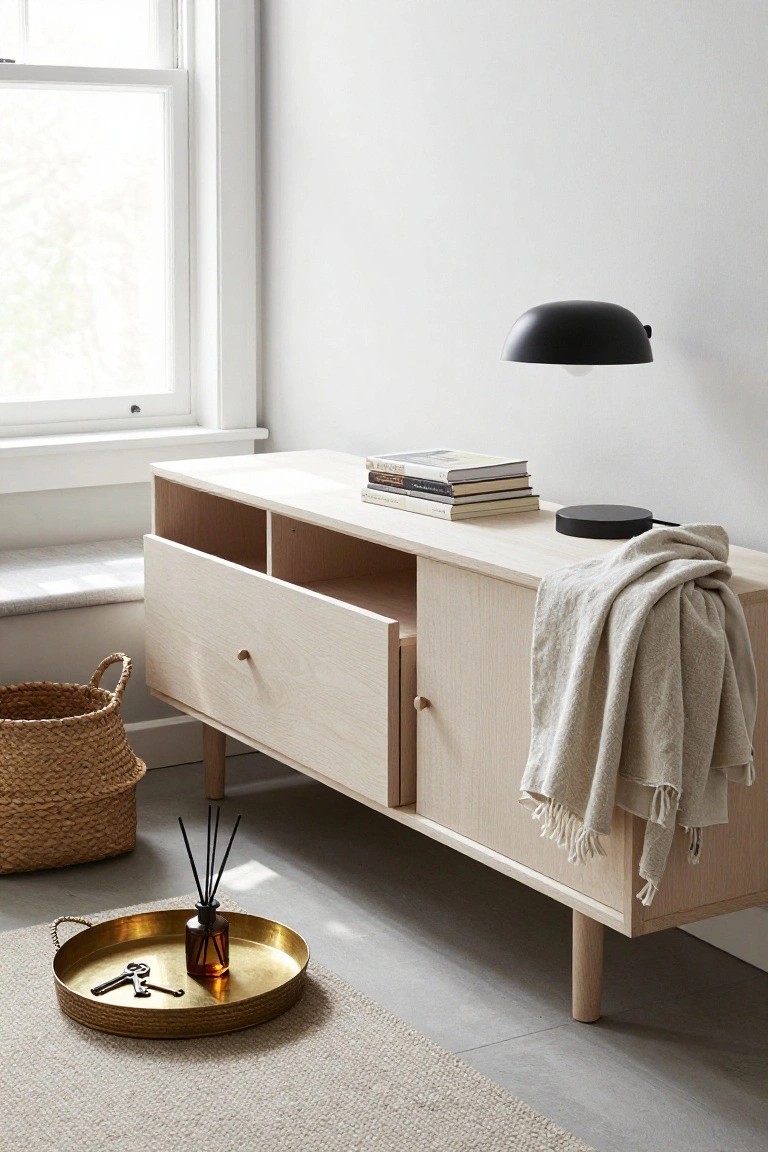 A light wood sideboard with an open drawer and closed cabinet stands against a white wall beneath a window, topped with stacked books and a draped blanket.