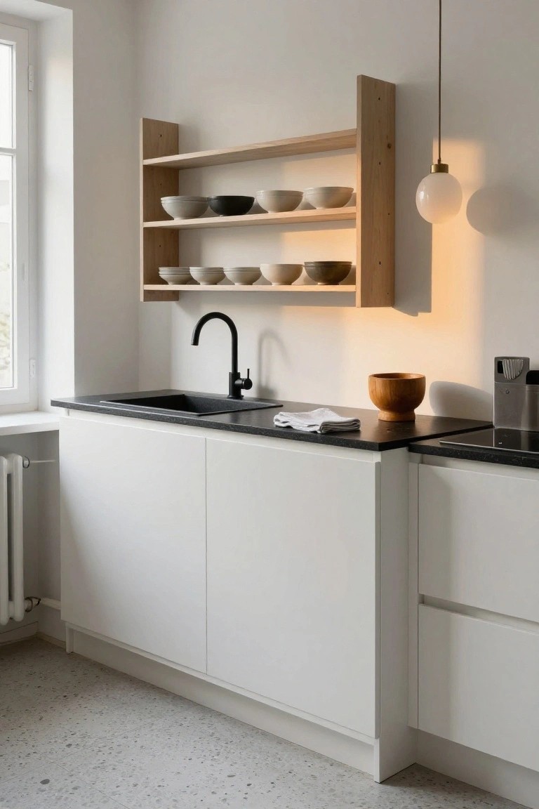 Modern kitchen with white cabinets, black countertop, and floating wooden shelves.