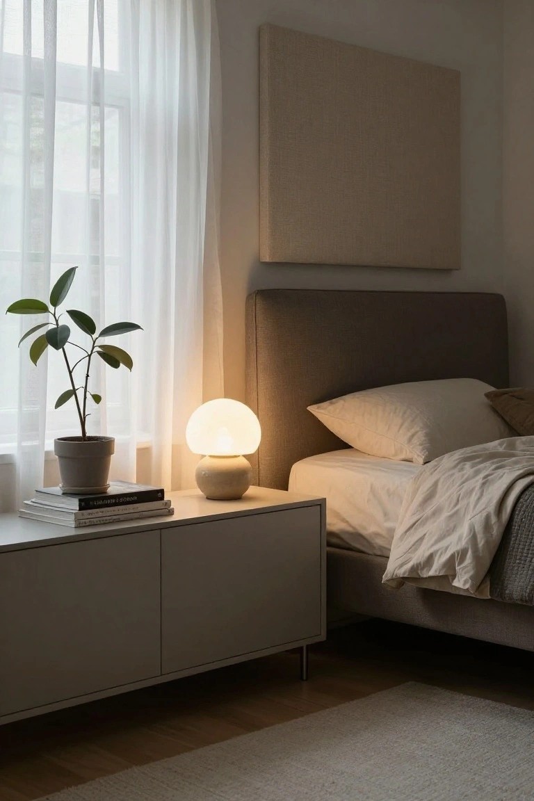 Minimalist bedroom with neutral tones, bedside lamp, plant, and bed.