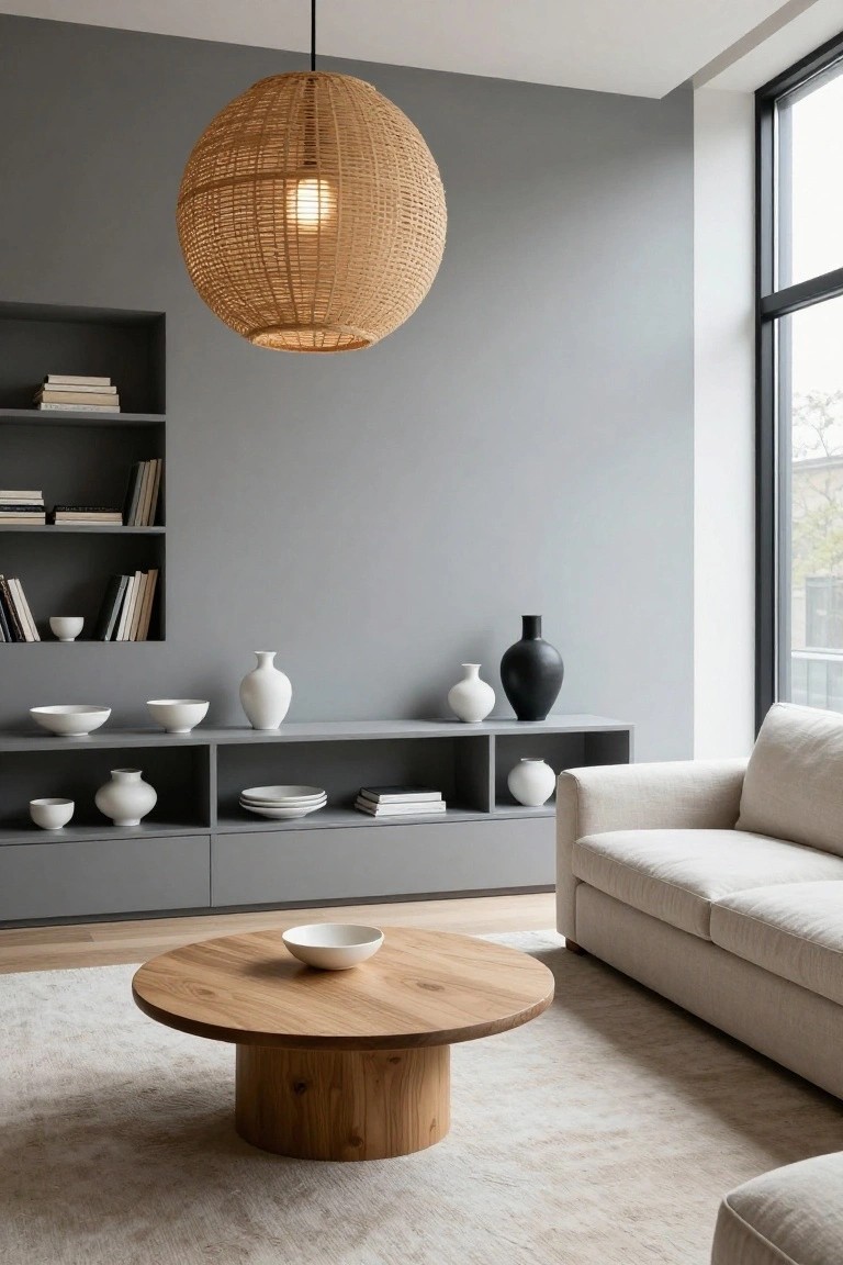 Modern living room with woven pendant light, gray console, and round wooden coffee table.