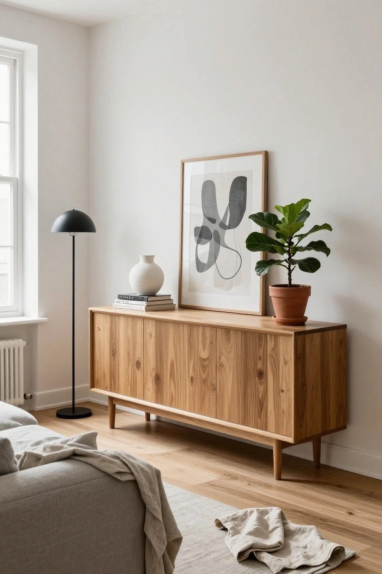 A light wood sideboard with tapered legs sits against a white wall in a living room, topped with a potted plant, a white vase, stacked books, and a large framed abstract print leaning above it.